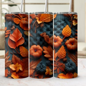 3D Fall Vibes 20 Oz Skinny Tumbler Wrap, Autumn Tumbler Sublimation, Hello Fall, Thanksgiving, Seamless Design, Instant Digital Download PNG