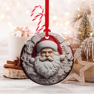 3D Santa Claus Christmas Ornament Sublimation PNG, Red & White, Instant Digital Download, Christmas Round Ornament PNG 3D Christmas Ornament