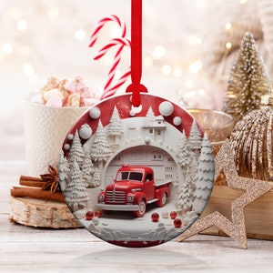 3D Red Truck Ornament Sublimation PNG, Red & White, Instant Digital Download, Christmas Round Ornament PNG, 3D Christmas Country Ornament