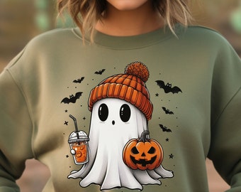 Sudadera de cuello redondo con diseño de fantasma de Halloween: un estilo acogedor para la temporada de Halloween.