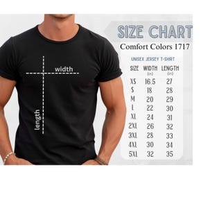 May include: A black t-shirt with a size chart for unisex jersey t-shirts. The chart lists sizes XS to 5XL, with corresponding width and length measurements in inches. The text "SIZE CHART" is at the top.