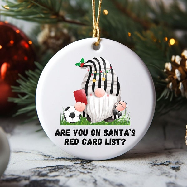 Christmas Soccer Gnome Ceramic Ornament, Funny Red Card List Keepsake Decoration, Sports Fan Holiday Gift, Soccer Lover Tree Decoration