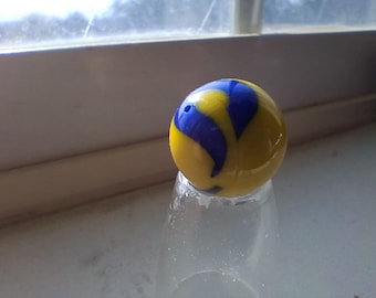 Marble #48 - Yellow with blue swirl. Probably a Christensen - Gorgeous colors and lines .6360