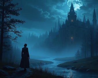 Woman Walking by Mystical Castle with Full Moon