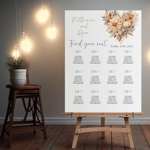 Boho bröllopsskyltposter, mall för skylt, 24x36 20x30 18x24, beige blommig bordsplacering för bröllopsfest