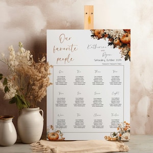 Cartel con letrero de asientos para bodas con forma de calabaza, plantilla de letrero de asientos para otoño, 24 x 36, 20 x 30, 18 x 24, plano de asientos para recepción de bodas