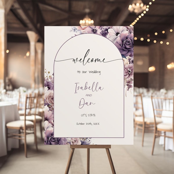 Lilac Wedding Welcome Sign Poster, Purple Floral Welcome Sign Template, 24x36 20x30 18x24, Wedding Reception Sign