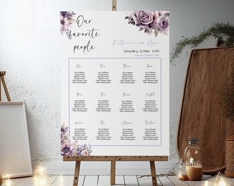 Cartel de letrero de asientos de boda lila, plantilla de letrero de asientos florales púrpura, 24x36 20x30 18x24, tabla de asientos de recepción de bodas