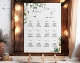 Greenery Wedding Seating Sign Poster, Eucalyptus Seating Sign Template, 24x36 20x30 18x24, Leafy Wedding Reception Seating Chart