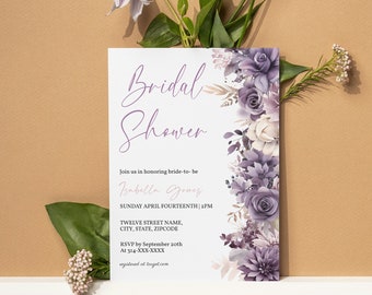Lilac Bridal Shower Invitation Template, Purple Floral Bridal Invite