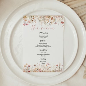 Plantilla de menú de boda de flores silvestres, menú de cena de primavera, menú de comida de recepción editable, menú imprimible, 5x7" 4x9" 4x6"