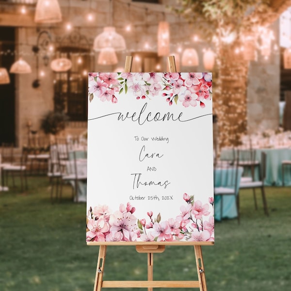 Kersenbloesem bruiloft welkom teken poster, roze bloemen welkom teken sjabloon, 24 x 36 20 x 30 18 x 24, lente bruiloft receptie teken