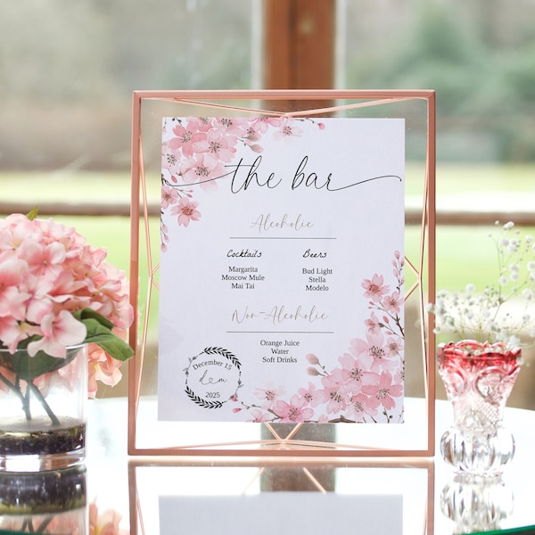 Cherry Blossom Open Bar Menu Template, Printable Menu, Wedding Cocktail Menu Template, 5x7" 8x10"