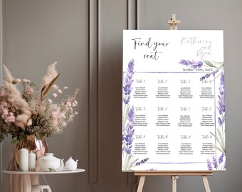 Cartel de letrero de asientos de boda de lavanda, plantilla de letrero de asientos lila, 24x36 20x30 18x24, tabla de asientos de recepción de bodas