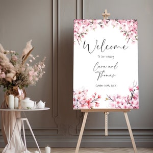 Poster di cartello di benvenuto per matrimonio in fiore di ciliegio, modello di cartello di benvenuto floreale rosa, 24x36 20x30 18x24, cartello per ricevimento di nozze primaverile