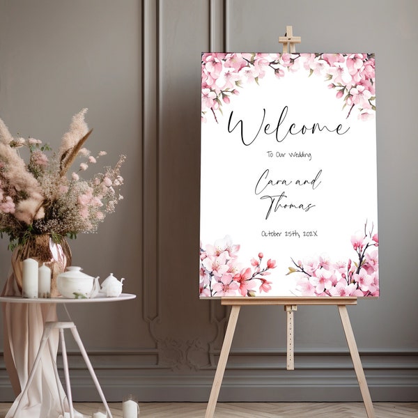 Kersenbloesem bruiloft welkom teken poster, roze bloemen welkom teken sjabloon, 24 x 36 20 x 30 18 x 24, lente bruiloft receptie teken