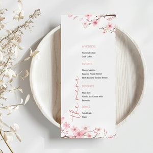 Cherry Blossom Wedding Menu Template, Spring Dinner Menu, Editable Reception Food Menu, Printable Menu, 5x7" 4x9" 4x6"