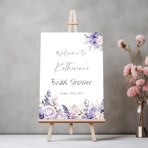 Segno di benvenuto per la doccia nuziale alla lavanda, modello di cartello di benvenuto floreale viola, 24x36 20x30 18x24, segno per la doccia nuziale primaverile