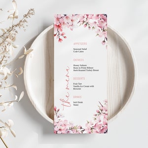 Modèle de menu de mariage en fleurs de cerisier, menu du dîner de printemps, menu alimentaire de réception modifiable, menu imprimable, 5x7" 4x9" 4x6"