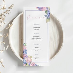 Hydrangea Wedding Menu Template, Pastel Spring Dinner (Digital)