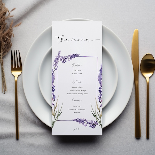 Lavender Wedding Menu Template, Purple Dinner Menu, Editable Reception Food Menu, Printable Menu, 5x7" 4x9" 4x6"