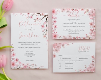 Kirschblüten-Hochzeitseinladungs-Vorlage, Hochzeitseinladungs-Paket, druckbare Antwort, Details und Dankeskarten-Bundle
