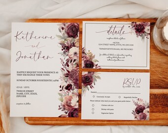 Plantilla de invitación de boda floral burdeos, paquete de invitación de boda, confirmación de asistencia imprimible, detalles y paquete de tarjetas de agradecimiento