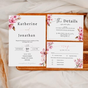 Plantilla de invitación de boda con flores de cerezo, paquete de invitación de boda, RSVP imprimible, detalles y paquete de tarjeta de agradecimiento