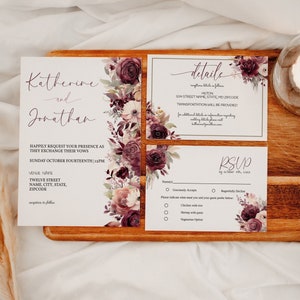 Burgundy Floral Wedding Invitation Template, Wedding Invitation Suite, Printable RSVP, Details, and Thank You Card Bundle