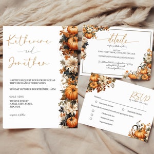 Modèle de faire-part de mariage floral citrouille, lot d'invitations de mariage automne, RSVP imprimable, détails et lot de cartes de remerciement