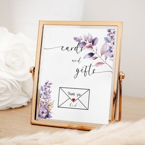 Plantilla de signo de tarjetas y regalos lilas, signo imprimible de primavera, 5x7" 8x10", elegante signo de boda de mesa de regalo