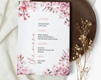 Cherry Blossom Wedding Menu Template, Spring Dinner Menu, Editable Reception Food Menu, Printable Menu, 5x7&quot; 4x9&quot; 4x6&quot;