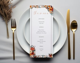 Fall Wedding Menu Template, Orange Floral Dinner Menu, Editable Reception Food Menu, Autumn Printable Menu, 5x7&quot; 4x9&quot; 4x6&quot;