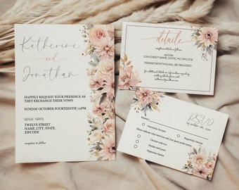 May include: Wedding invitation suite with floral designs in shades of pink and beige. The invitation card features the names Katherine and Jonathan, the date and time of the wedding, and the venue name. The RSVP card includes a choice of meal options and a deadline for responding.