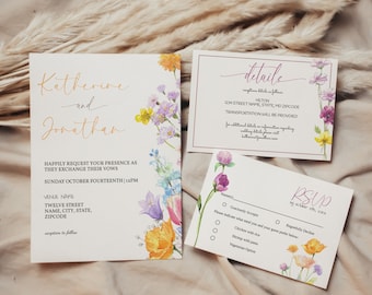 Wildflower Wedding Invitation Template, Wedding Invitation Suite, Printable RSVP, Details, and Thank You Card Bundle