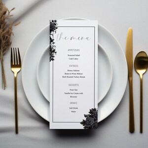 Modèle de menu de mariage roses noires, menu du dîner gothique, menu de réception modifiable, menu imprimable, 5 x 7 po. 4 x 9 po. 4 x 6 po.