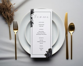 Black Roses Wedding Menu Template, Gothic Dinner Menu, Editable Reception Food Menu, Printable Menu, 5x7&quot; 4x9&quot; 4x6&quot;