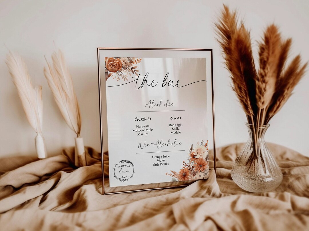 Orange Floral Open Bar Menu Template, Printable Menu, Fall Wedding ...