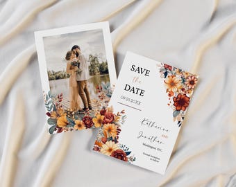 May include: Save the Date card with a floral design in shades of orange, yellow, and red. The card features a photo of a couple in front of a lake and the text "Save the Date" with the date "09.25.20XX".