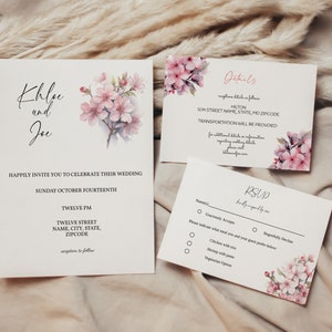 Plantilla de invitación de boda con flor de cerezo, conjunto de invitaciones de boda, confirmación de asistencia imprimible, detalles y paquete de tarjetas de agradecimiento