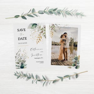 Eukalyptus Save the Date Vorlage, Grüne Hochzeitsdatumskarte, Hochzeitskarte Save the Date Printable 5 x 7 in