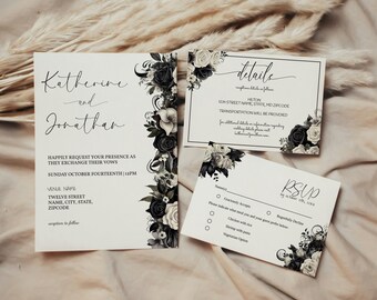 Puede incluir: Conjunto de invitaciones de boda en blanco y negro con diseños florales. La tarjeta de invitación presenta los nombres Katherine y Jonathan, la fecha y la hora de la boda, así como el nombre y la dirección del lugar. La tarjeta RSVP incluye una sección para que los invitados indiquen sus preferencias de comida y confirmen su asistencia.