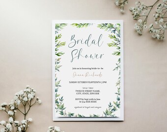 Plantilla de invitación para despedida de soltera con vegetación, invitación para despedida de soltera con eucalipto