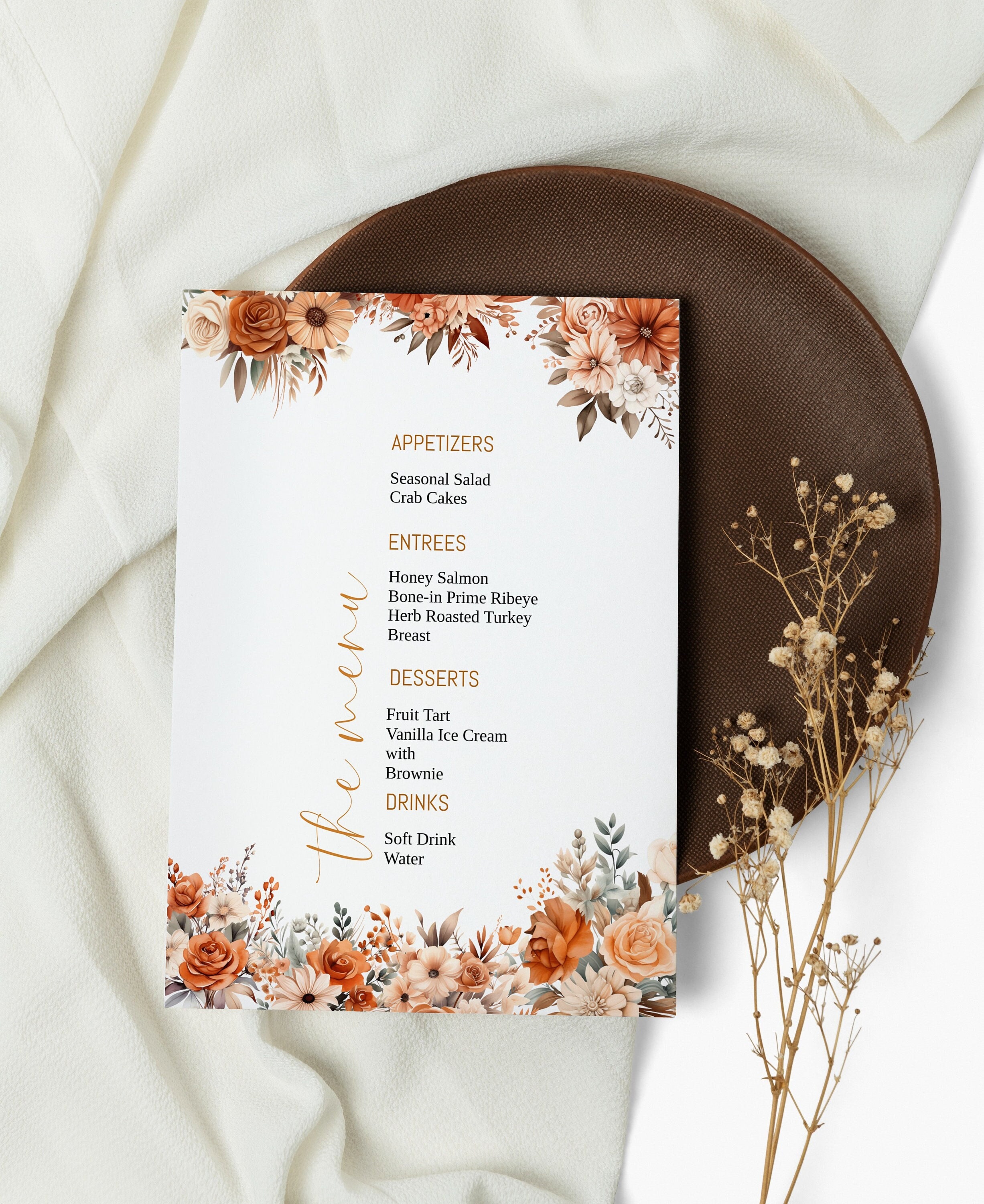 Orange Floral Wedding Menu Template, Fall Dinner Menu, Editable Reception Food Menu, Autumn Printable Menu, 5x7" 4x9" 4x6"