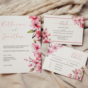Plantilla de invitación de boda con flor de cerezo, conjunto de invitaciones de boda, confirmación de asistencia imprimible, detalles y paquete de tarjetas de agradecimiento