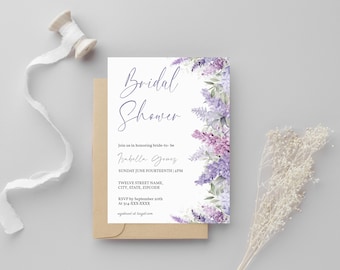 Lavender Bridal Shower Invitation Template, Purple Lilac Floral Bridal Invite
