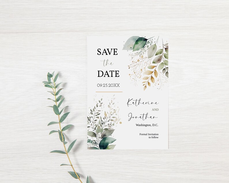 Eucalyptus Save the Date Template, Leafy Wedding Date Announcement