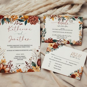Modèle de faire-part de mariage floral automne, lot d'invitations de mariage automne, RSVP imprimable, détails et carte de remerciement