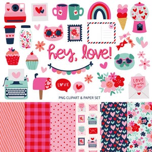 Hey, Love! Valentine's Day Clipart & Paper Set | Digital Clipart | Scrapbooking | Planner Stickers | Paper Crafting