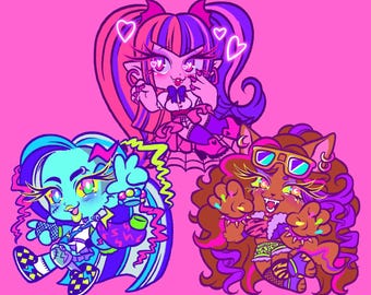 May include: Three cartoon characters with unique designs are set against a pink background. The characters have vibrant colors, including pink, blue, and brown. Each character has a distinct style, with one wearing sunglasses and another holding a bag.